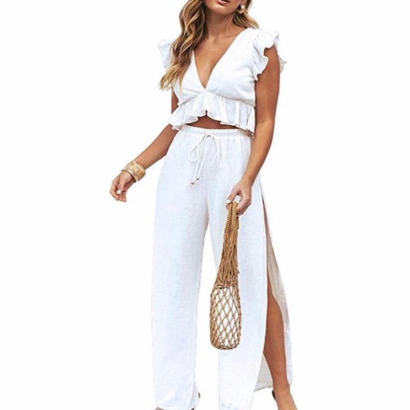 Pants - 🆕V Neck Crop Top Side Slit Drawstring Jumpsuit